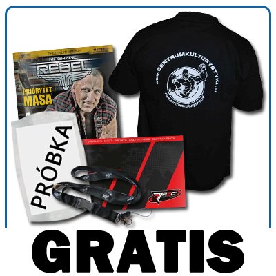 Próbka odżywki + Czasopismo dla sportowców Rebelline + Koszulka CentrumKulturystyki + Katalog produktów Trec + Smycz CentrumKulturystyki