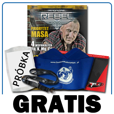 Próbka odżywki + Czasopismo dla sportowców Rebelline + Pas odchudzający + Katalog produktów Trec + Smycz CentrumKulturystyki.pl