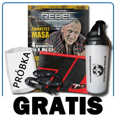 Próbka odżywki + Czasopismo dla sportowców Rebelline + Shaker CentrumKulturystyki.pl + Katalog produktów Trec + Smycz CentrumKulturystyki.pl